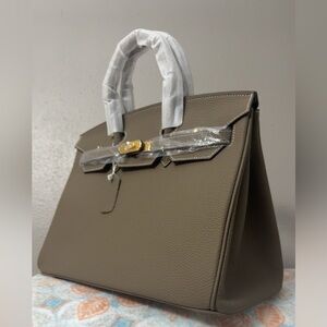 Taupe and Gold Cowhide Leather Structured Satchel Bag